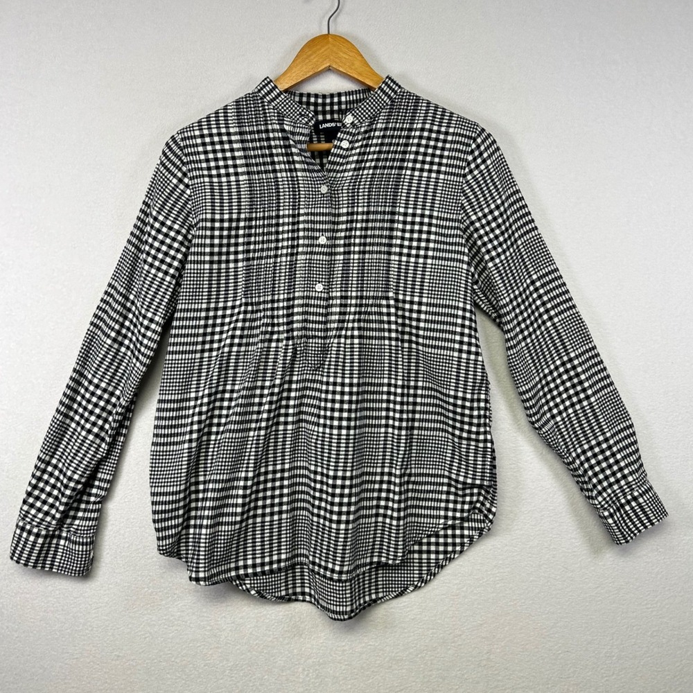 Lands End Womens 6P Black White Plaid Stand Collar Tunic Top Button Up Shirt
